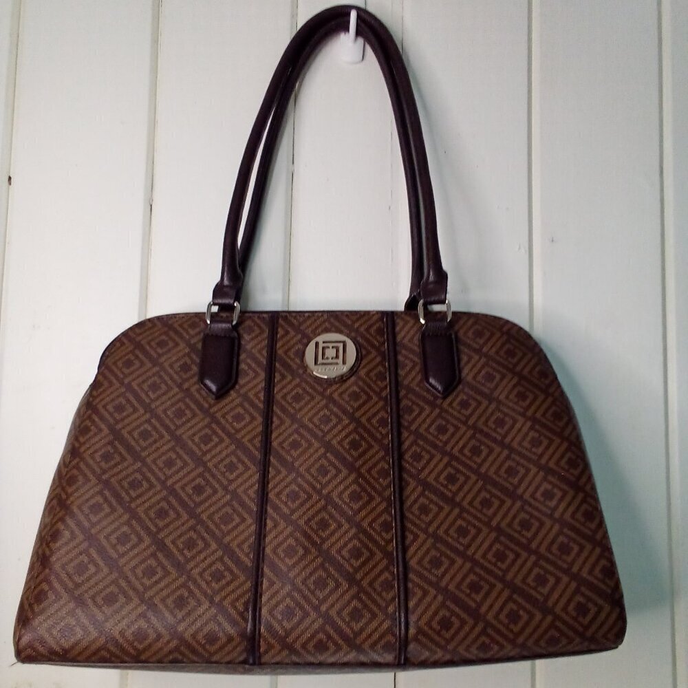 Liz Claiborne Brown Patterned Satchel with Dark Brown Handles